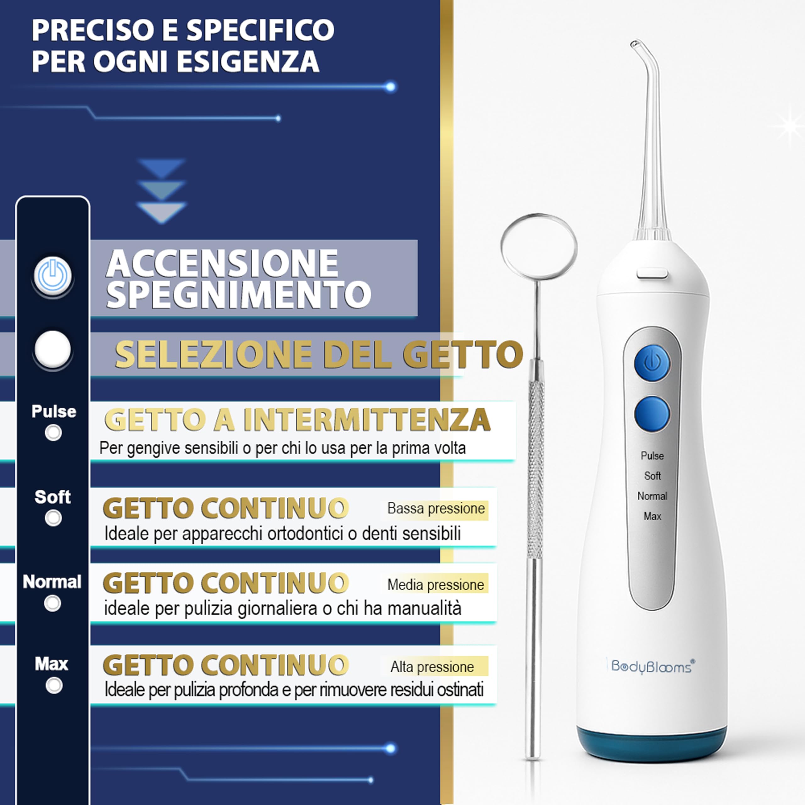 Idropulsore Dentale Portatile DENTAL V-PRO da 300ml. Idropulsore denti,alta pressione con 5 ugelli +1 specchio per pulizia denti profonda. Water flosser Impermeabile. Irrigatore Orale pulizia profonda