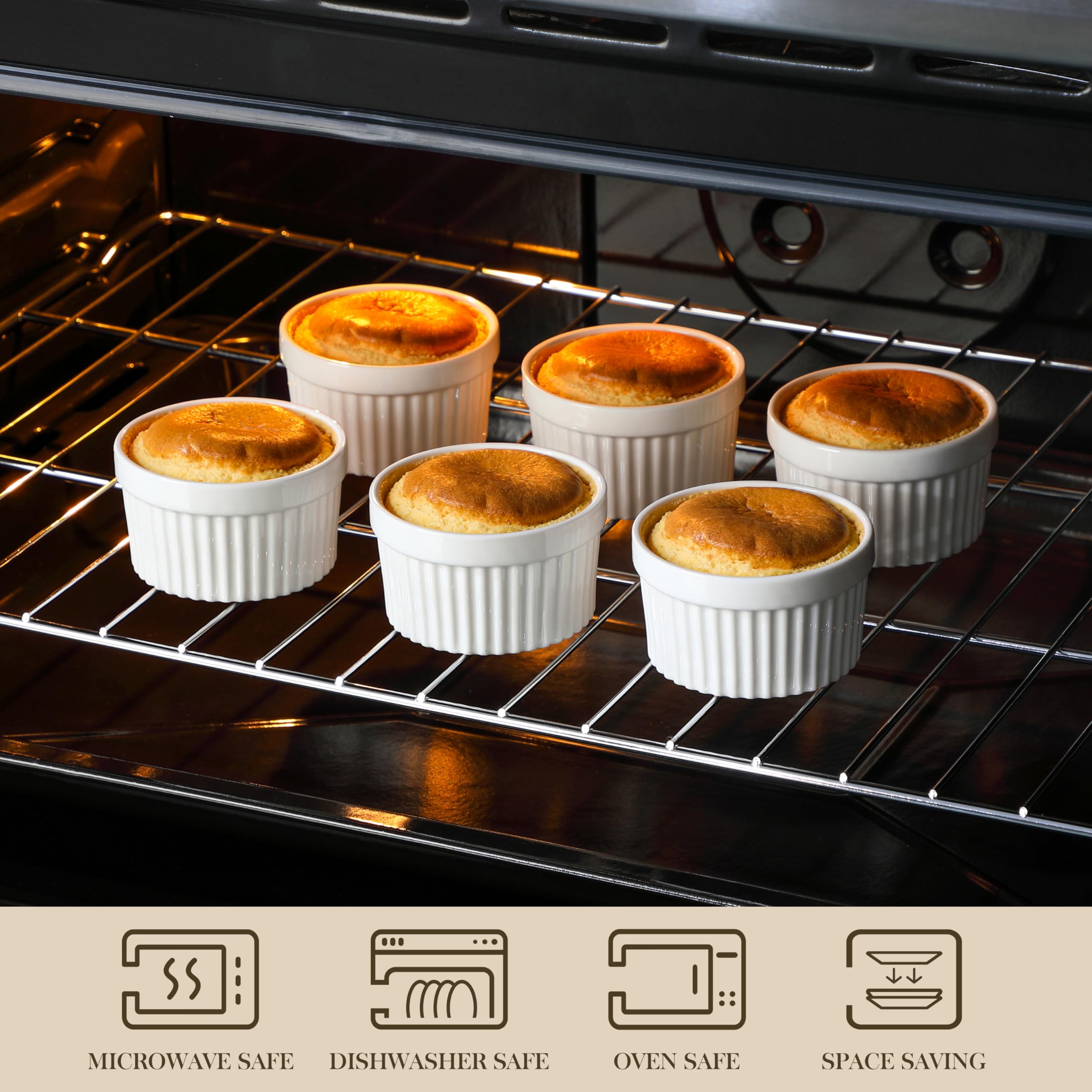 MALACASA Set di 6 Pirottini per Soufflé 180 ml, Ø 9,5 x 5,4 cm, Ciotoline e Stampini Rotondi da Forno in Porcellana per Dolci, Soufflé, Merenda e Snack, Bianchi, Adatti a Lavastoviglie e Microonde