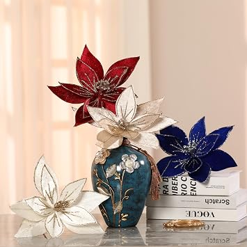 Large Glitter Christmas Flowers 6 Pieces Artificial Poinsettia Velvet Christmas Tree Flowers Ornaments Folded Flowers for Christmas New Year Wedding Decoration (Blue)