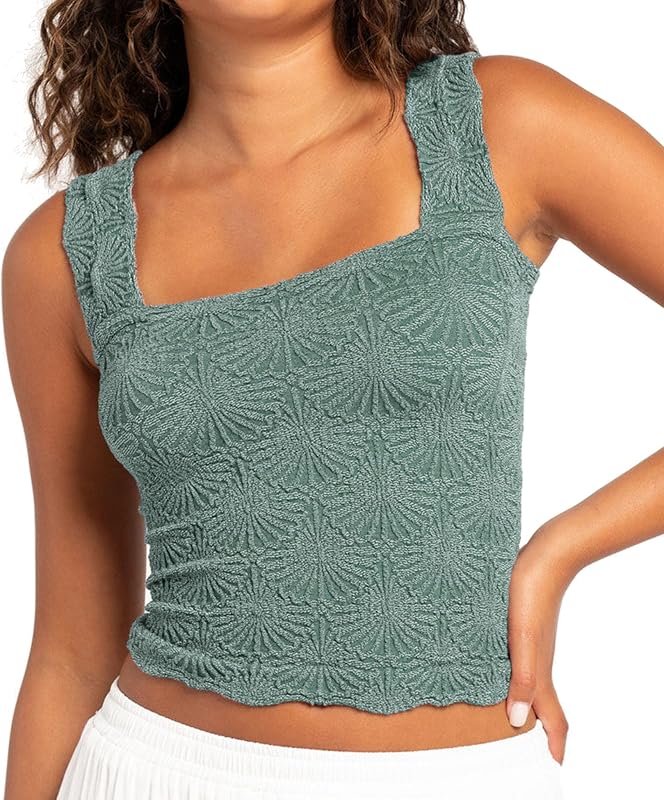 Women's Square Neck Wide Strap Crop Tank Tops Flower Spring Summer Going Out Tops Slim Fit Lettuce Trim Crop Cami Tops Dark Green, XS/S