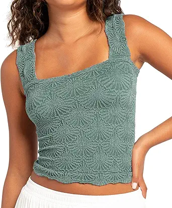 Women's Square Neck Wide Strap Crop Tank Tops Flower Going Out Tops Slim Fit Lettuce Trim Crop Cami Tops