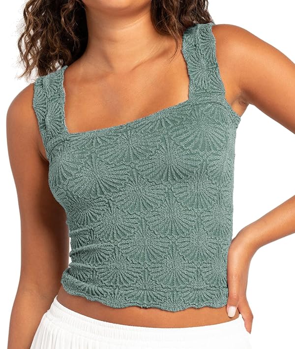 Niceyoo Women's Square Neck Wide Strap Crop Tank Tops Flower Spring Summer Going Out Tops Slim Fit Lettuce Trim Crop Cami Tops Dark Green, M/L by Niceyoo - Used condition - US$14.00