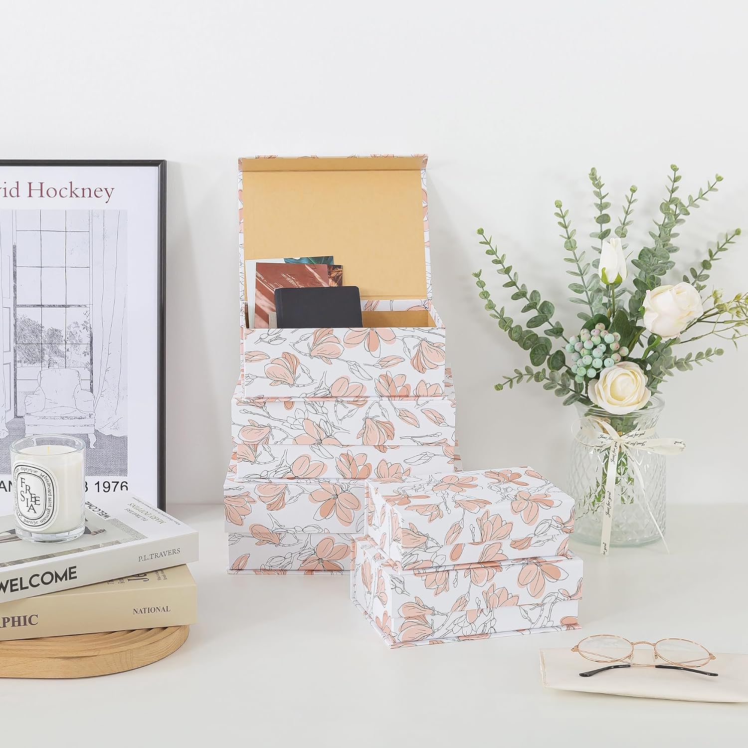 Soul & Lane Decorative Cardboard Storage Boxes with Lids - Set of 5, Floral Nesting Keepsake and Memory Boxes, Organizers with Magnetic Closure for Home Décor and Gifts, Canvas Bloom