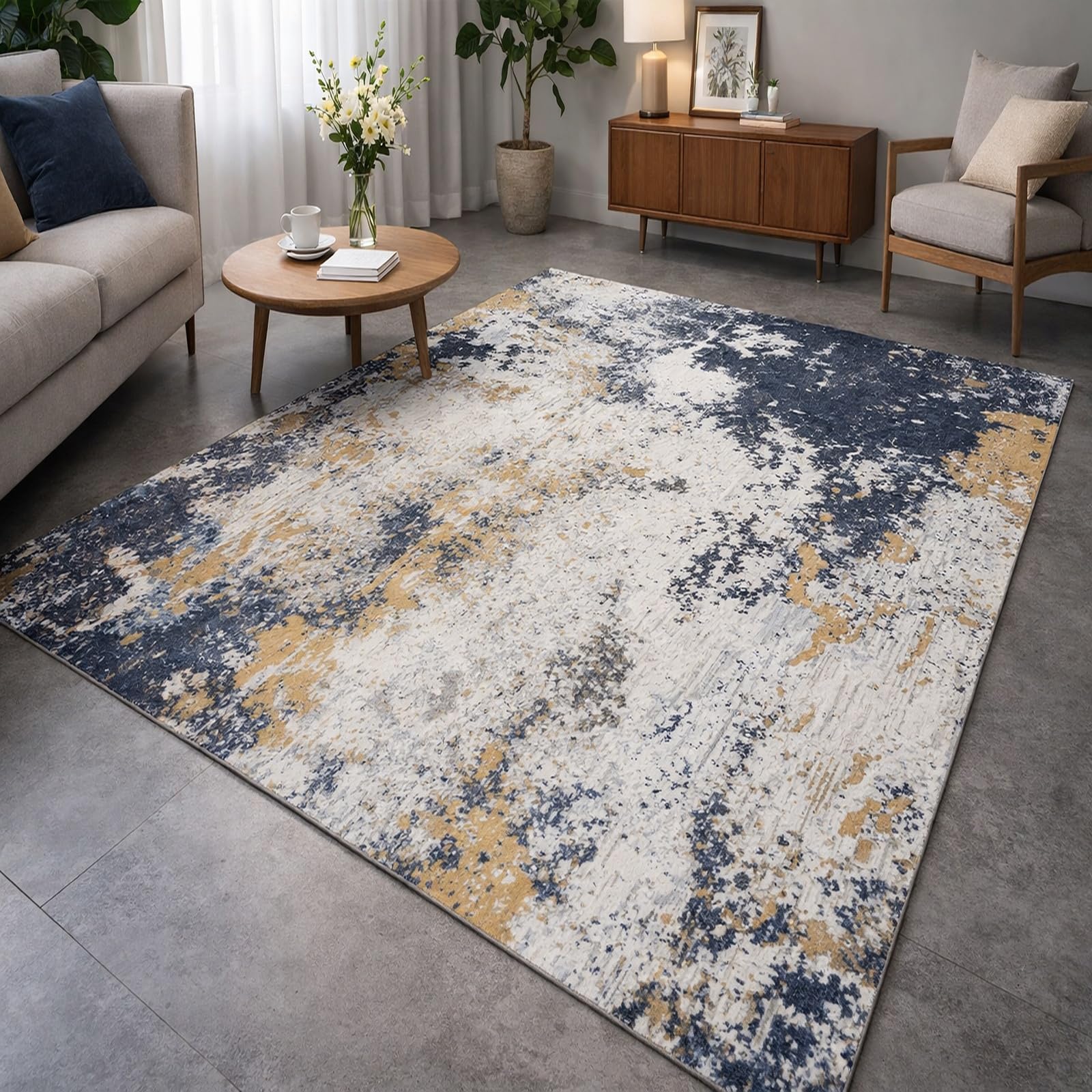Tapis de salon chambre poils ras abstrait vintage beige vert 120x200