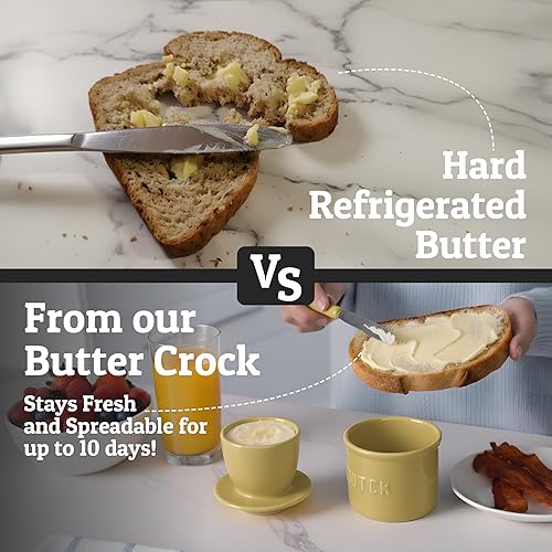 Miniatura 2 de PriorityChef - Mantequera con tapa con línea de agua, plato de mantequilla francesa de cerámica para dejar en la encimera, color caqui