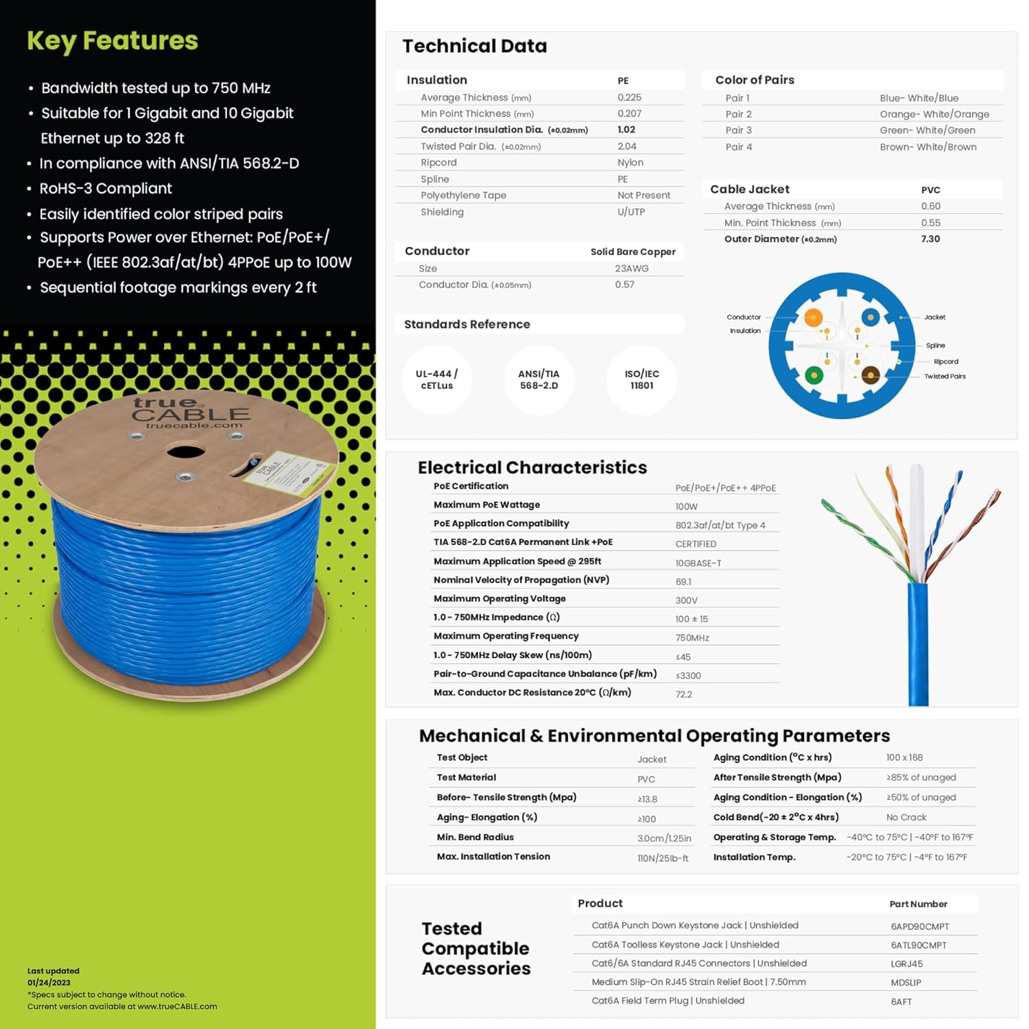 TRUE CABLE Cat6A Riser (CMR), Bulk Ethernet Cable, 1000ft, Blue, 23AWG Solid Bare Copper, Unshielded Twisted Pair (U/UTP), 750MHz, PoE++ 100W, ETL Listed