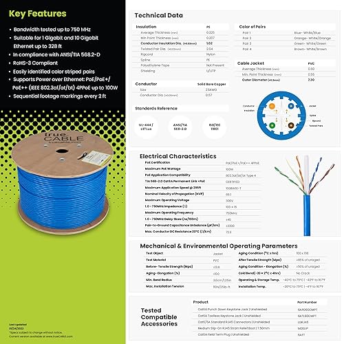 Miniatura 6 de TRUE CABLE Cable Ethernet Cat6A Riser (CMR) a granel, 1000 pies, azul, cobre desnudo sólido 23AWG, par trenzado sin blindaje (UUTP), 750MHz, PoE++