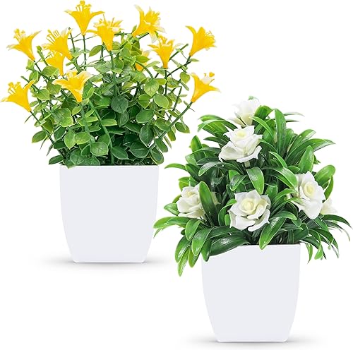 Miniatura 3 de Un paquete de 4 plantas falsas pequeñas y 2 paquetes de plantas falsas, mini plantas artificiales artificiales con flores para el hogar, oficina,