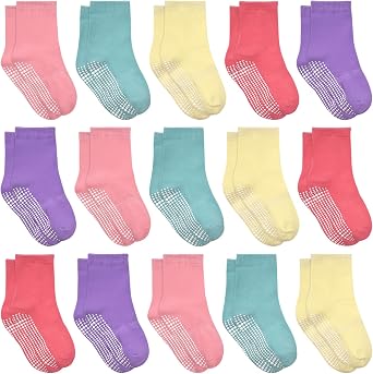 HYCLES 15 Pairs Toddler Girl Socks, Non Slip Crew Toddler Socks with Grippers for Kids Preschool Girls 1-7 Years