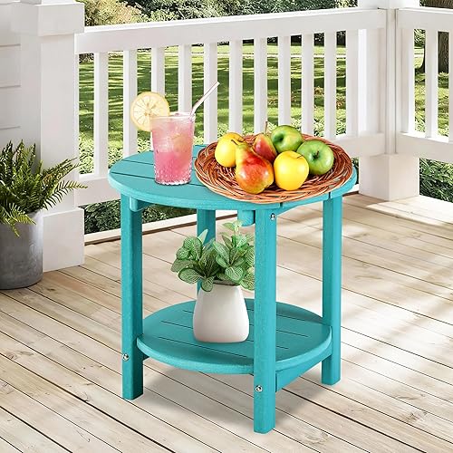 Miniatura 253 de LZRS Mesa auxiliar para exteriores, mesa auxiliar ovalada Adirondack doble con almacenamiento de 2 niveles, mesas auxiliares de HDPE para patio