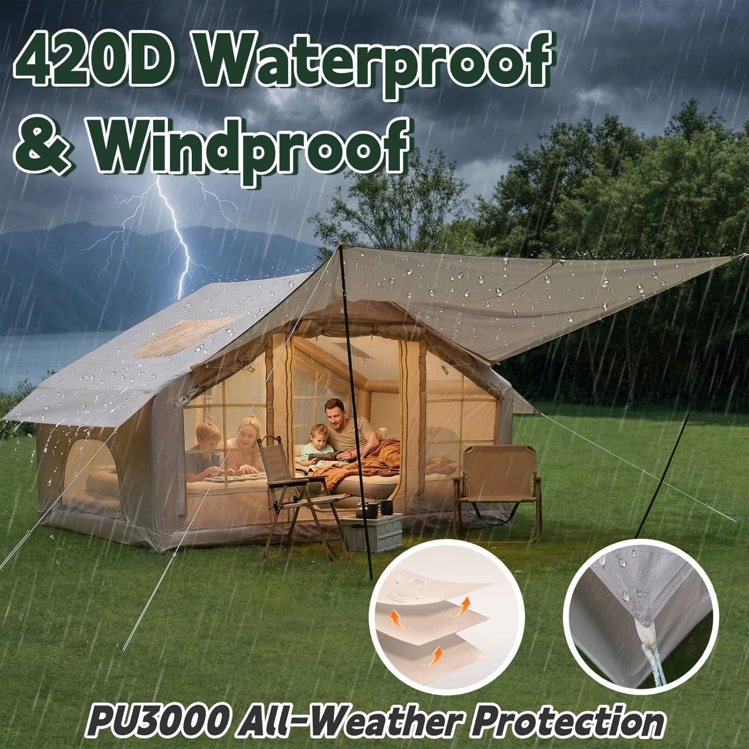 Inflatable Camping Tent 4-6 Person, Air Beam Tent with Canopy, 5 Min Easy Setup, 420D Waterproof Windproof, Skylight Family Glamping Tent for Car Camping Outdoor