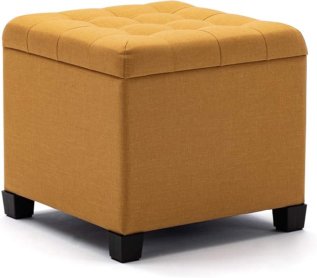 HNNHOME Pouffe Footstool Ottoman Storage Box, 45cm Cube Strong Wooden Frame Linen Living Room Foot stool, Toy Chest, Dressing Stool Seat Chair with Lids for Bedroom (Yellow)