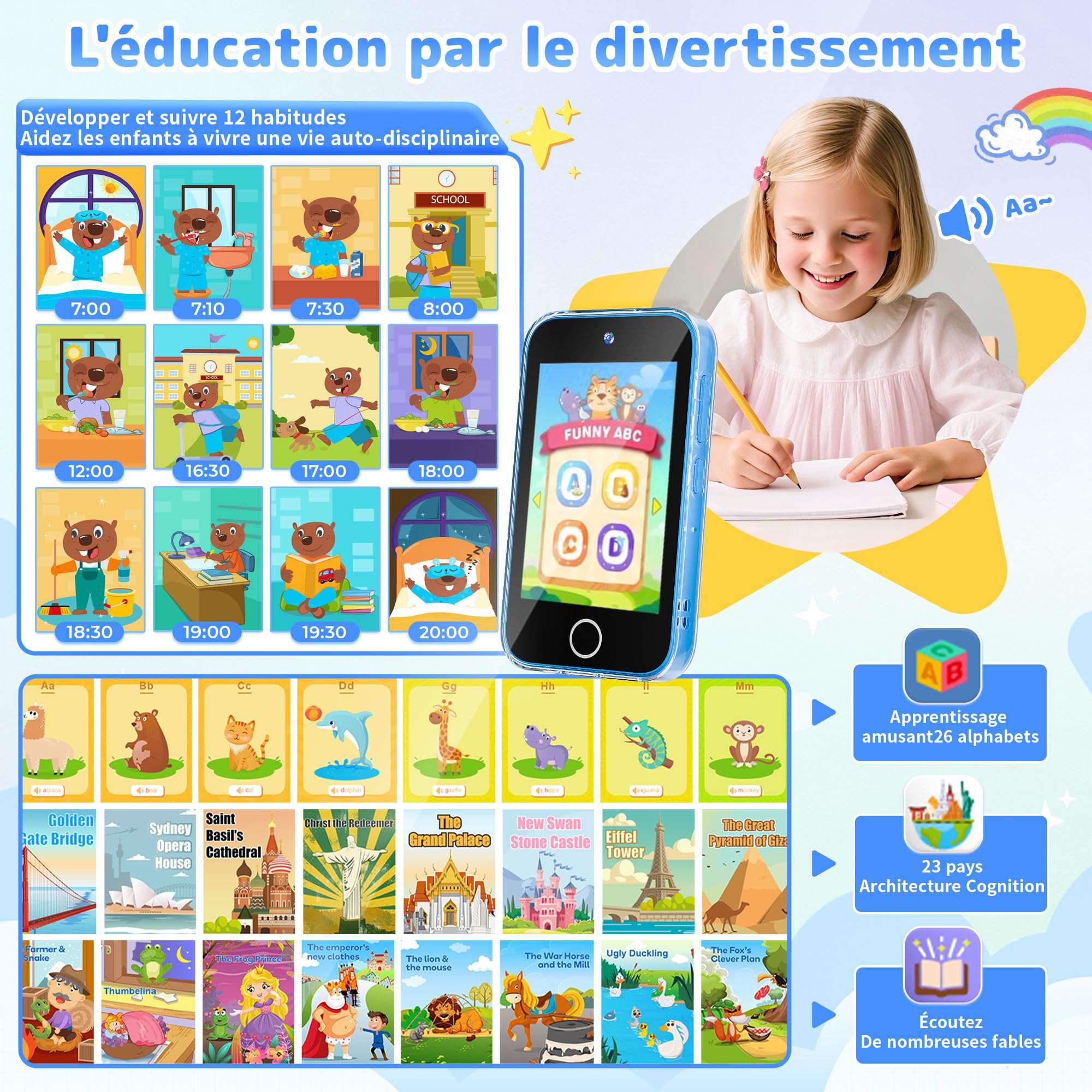 Telephone Portable pour Enfant, Smartphone pour Enfants|Écran Tactile 3,5 Pouces, Conception protégeant Les Yeux|Jeux éducatifs|Cadeau pour Filles et garçons âgés de 3,4,5,6, 7,8,9,10,11,12 Ans, Bleu