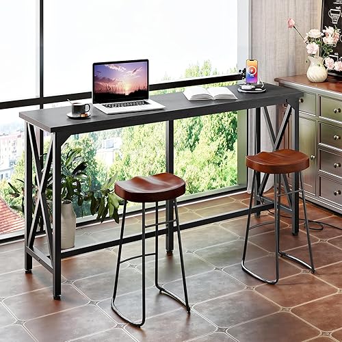 Miniatura 3 de 55'' Bar Table, Kitchen Dining Table with Power Outlet and Footrest, Industrial Style, for Pub, Living Room, Rustic Brown and Black TBT09UBB