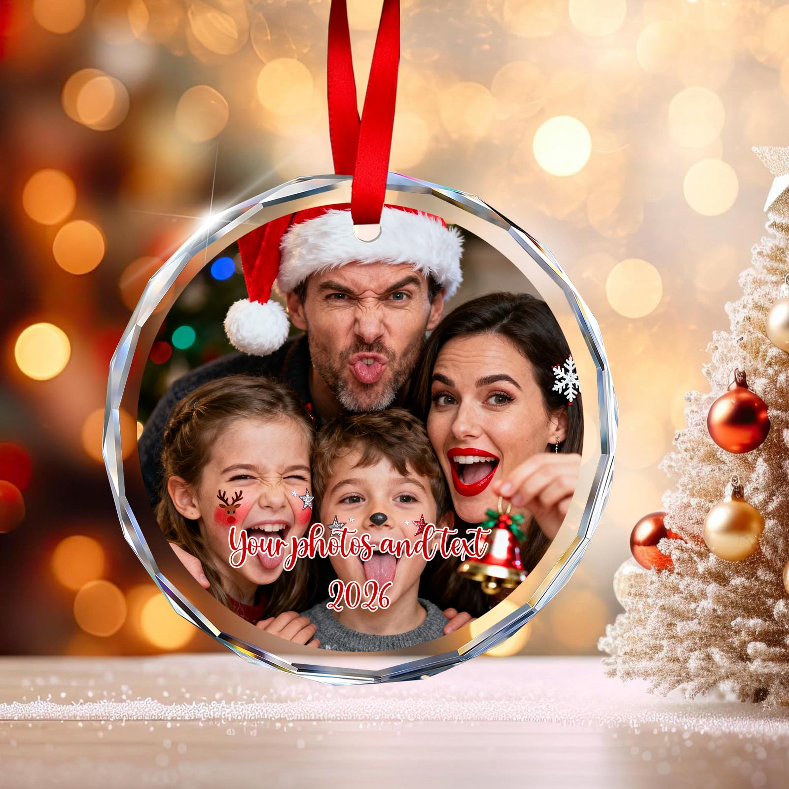 Personalised Crystal Christmas Ornaments, Custom Photo/Text/Name Crystal Glass Keepsake for Christmas, Weddings, Couple Family Pet Bridal (Circle Shape Photo Version)