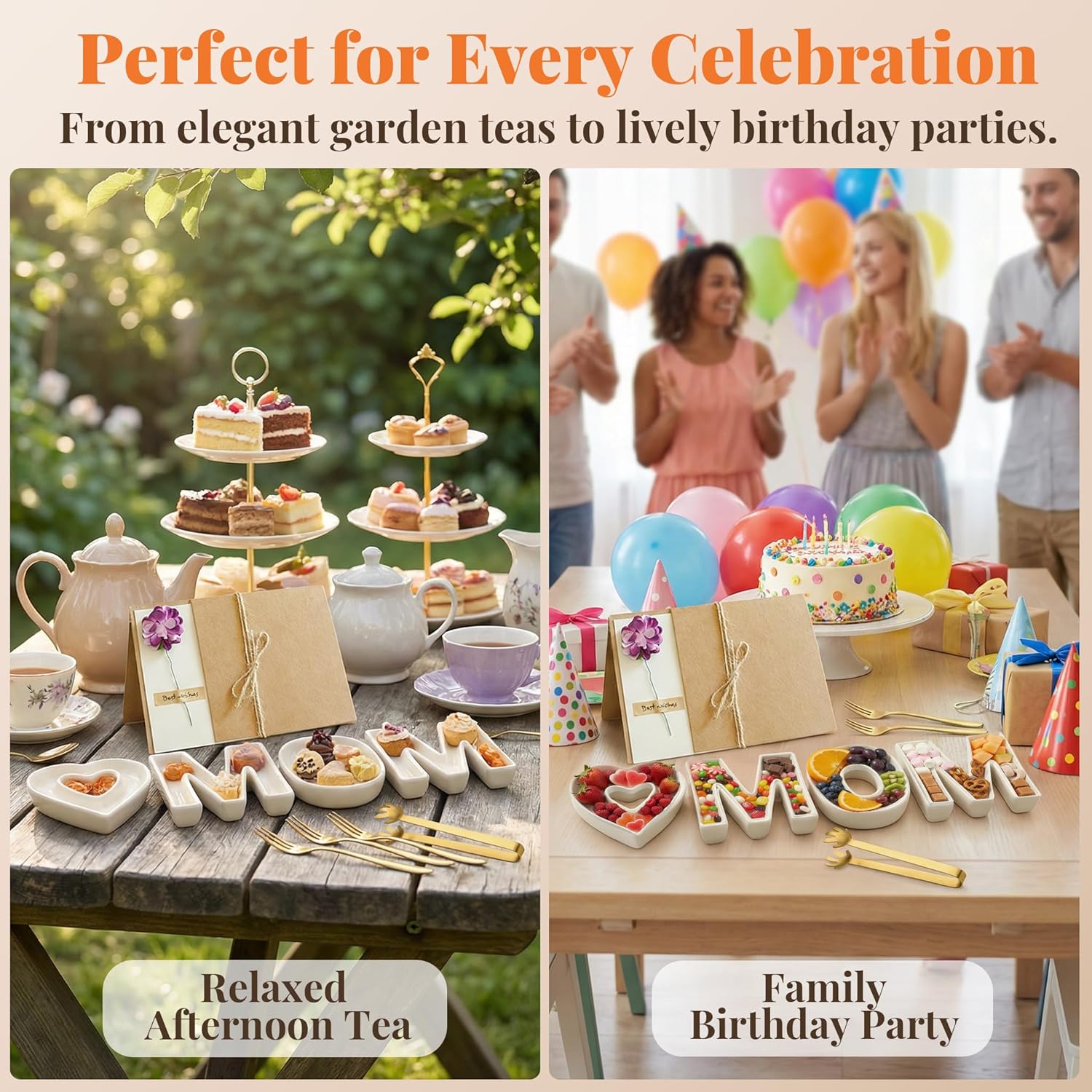 Mother’s Day & Birthday Gifts for Mom - Ceramic "MOM" Letter Candy Dishes & Charcuterie Board Set with 12 Gold Serving Utensils & 3D Greeting Card - Unique Table Decor for Party & Afternoon Tea