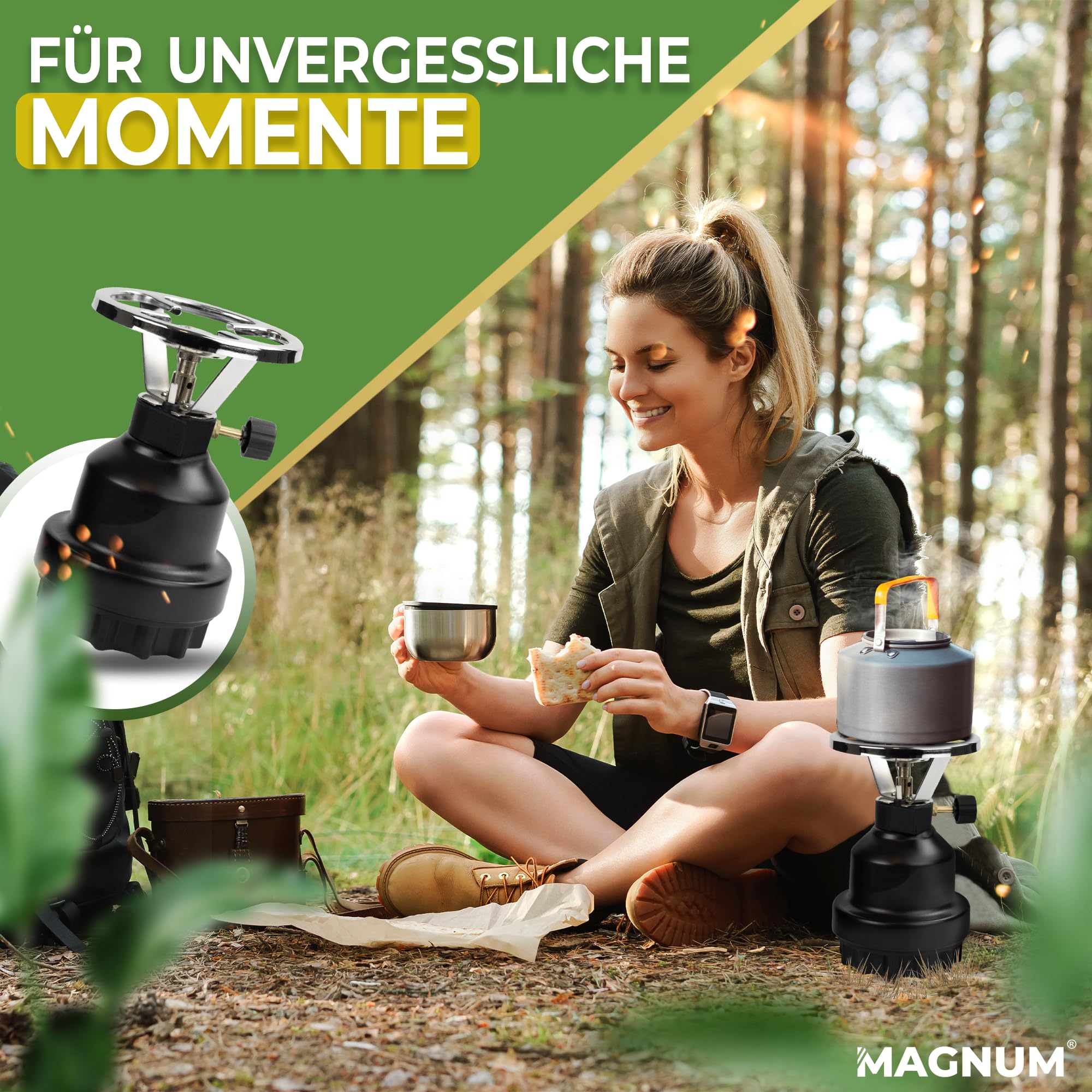 Magnum® Campingkocher inkl. 4 Gaskartuschen [Testnote: Sehr gut] Gaskocher schwarz - Camping Gaskocher stufenlos regulierbar - Gaskocher Camping (4 Kartuschen)