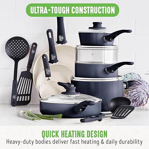 Miniatura 5 de GreenLife - Juego de batería de cocina antiadherente de cerámica y agarre suave con utensilios