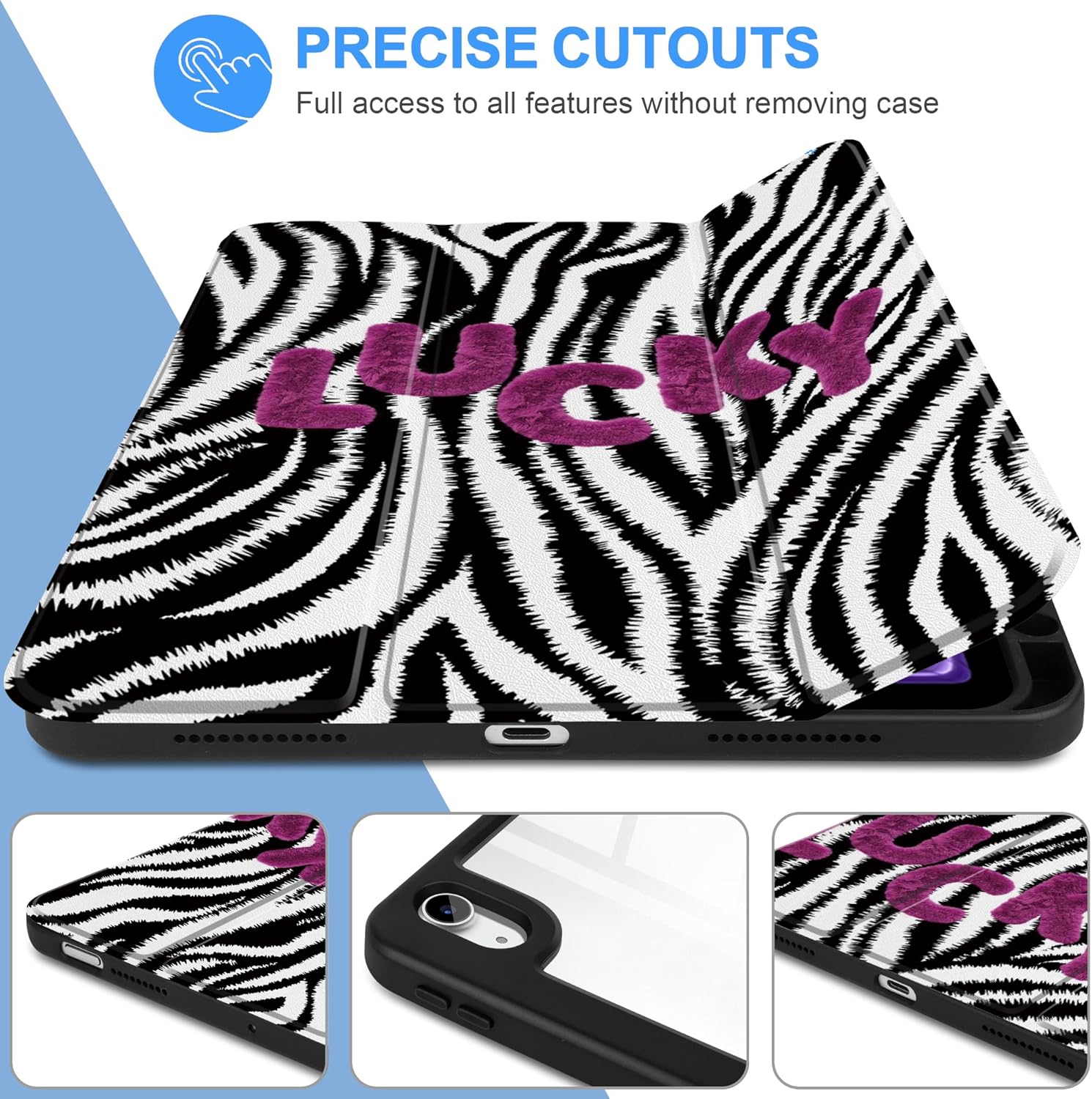 TWOLSKOO Case for iPad Air 11-inch (M4 2026 / M3 2025 / M2 2024), Clear Acrylic Back with TPU Bumper, Pencil Holder, Trifold Stand, Auto Sleep/Wake, Zebra Stripes