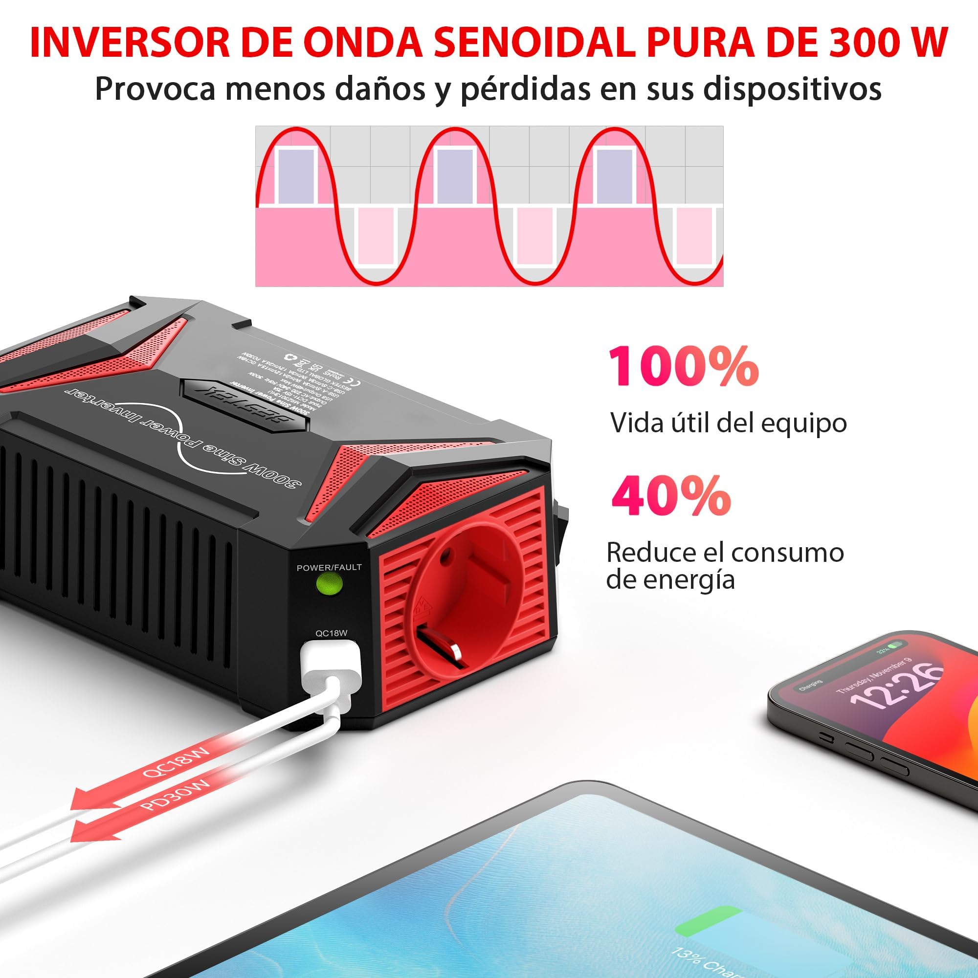 BESTEK Inversor 12v a 220v Onda Pura 300W Conversor para Coche Onda Sinusoidal Transformador con 2 Puerto de Carga Rápida（PD30W&QC18W）y 1 Toma de AC, Adaptador de Mechero Coche para Portátil, Movíl