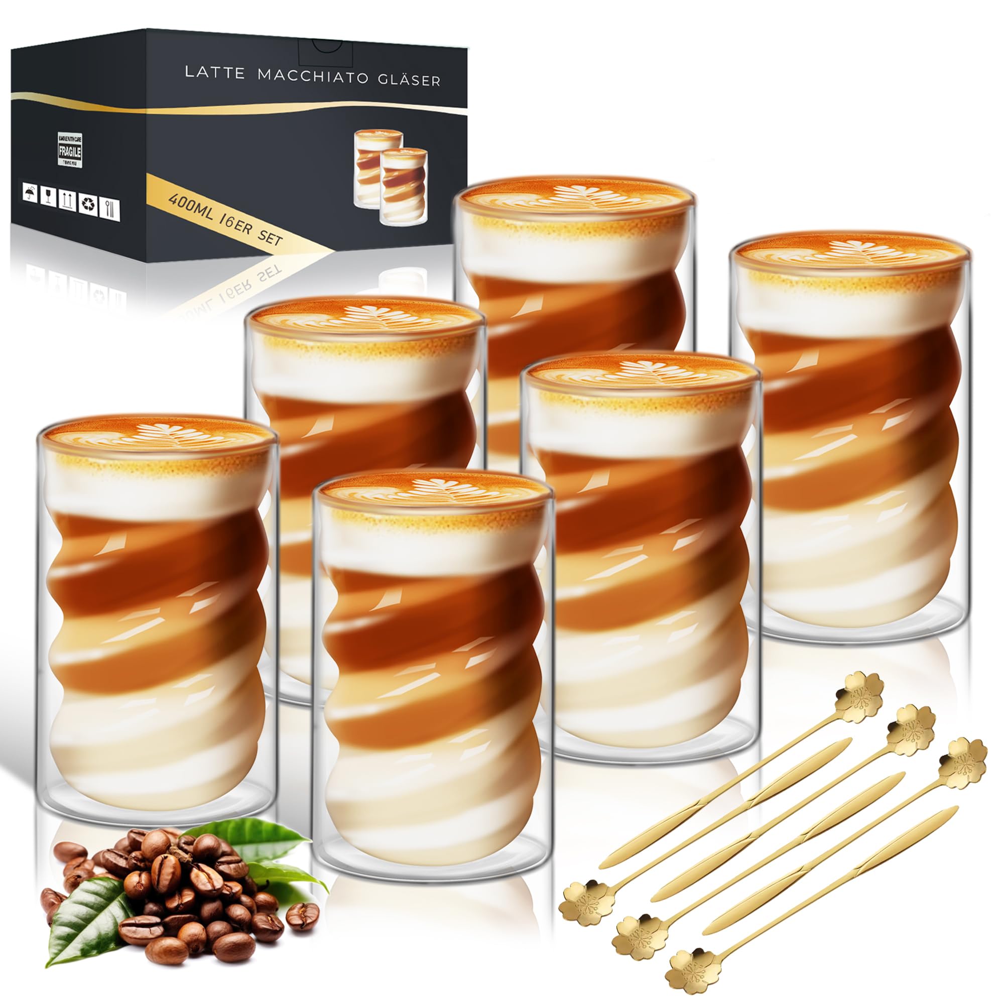 Vasos Cafe Cristal Doble Pared 6 x 400ml Tazas de Capuchino Cristal con 6 Cucharillas Taza Doble Pared Transparente Tazas de Vidrio Borosilicato Latte Macchiato