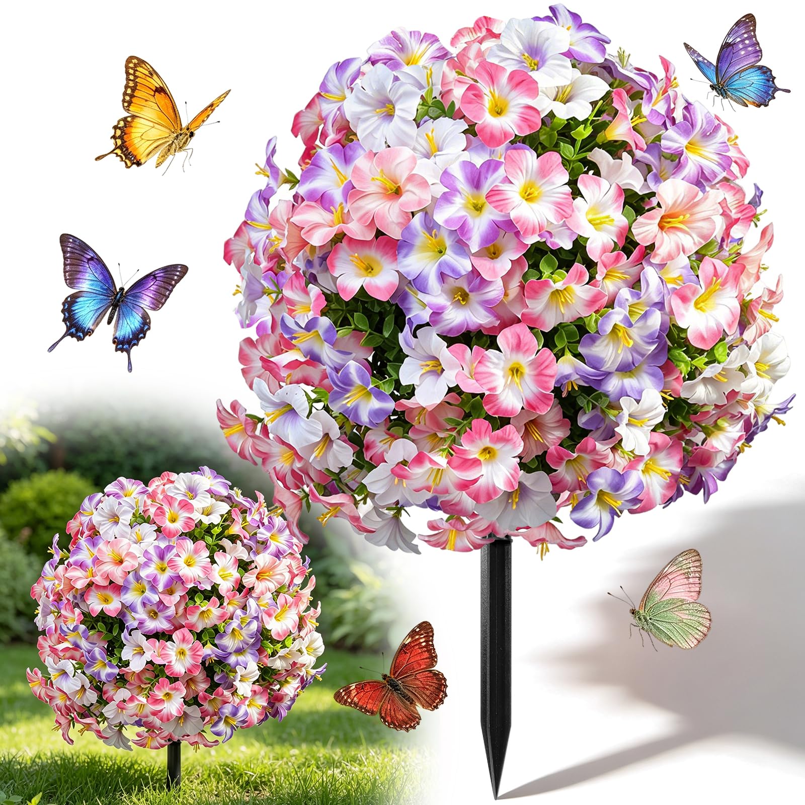 22" Artificial Flowers 1 PC, UV Resistant Morning Glory Garden Ornaments Outdoor Fake Silk Flowers Topiary Balls, Summer Faux Plastic Plants Accessories for Garden, House, Porch, Patio & Indoor Decor