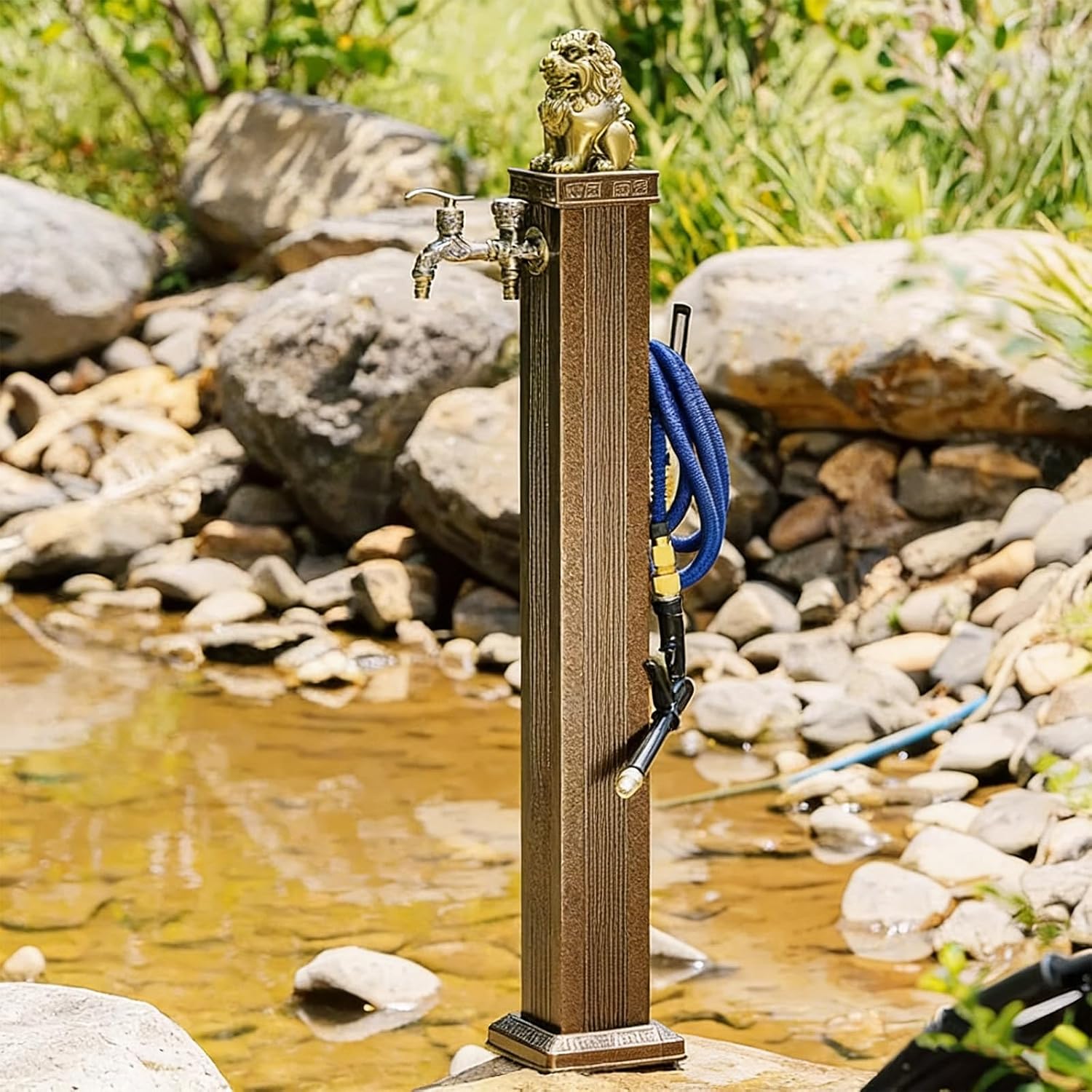 Vertical Square Garden Water Column Aluminum Alloy, Outdoor Faucet Water Column Double Outlet Faucet, Decorative Water Fountain Yard Hydrant Hose Stand(69cm/27.2in)