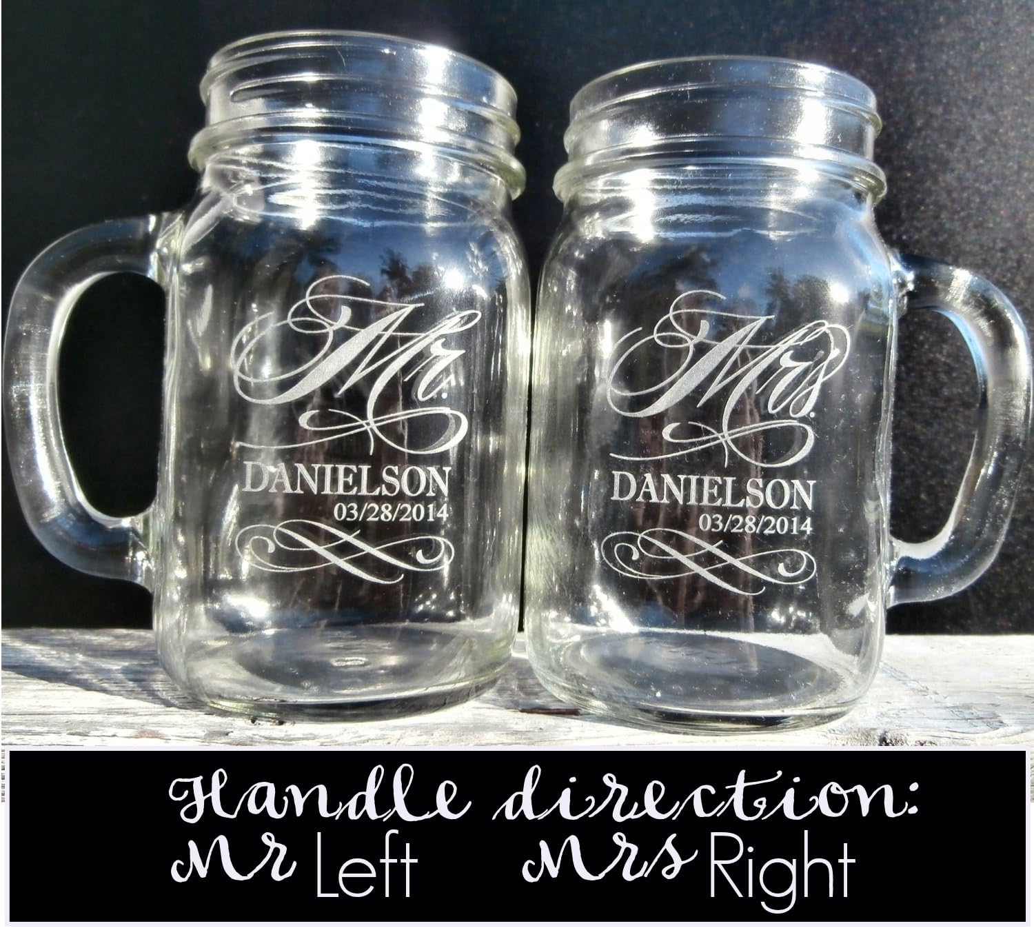 Custom Etched Mr. Mrs. Personalized Mason Mugs with Handle With Last Name and Date Set of 2, Clear