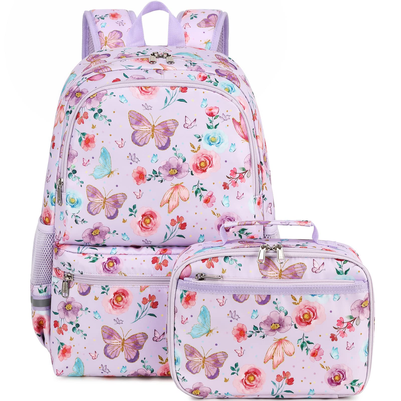 DSIUE Kids Backpack for Girls Elementary BookBags Teens Middle School Backpack with Lunch Box Butterfly Purple