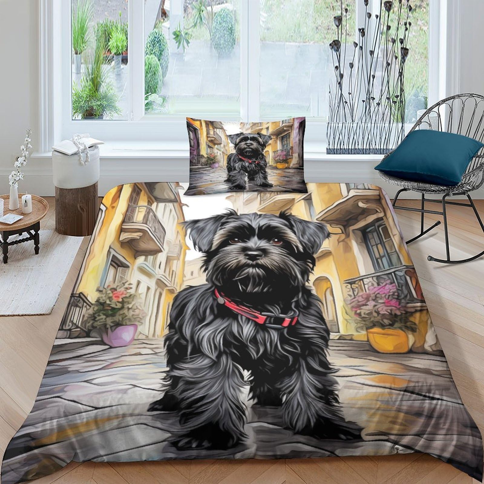 Housse de couette motif Terrier en microfibre 135x200 parure de lit 3 pièces fermeture éclair
