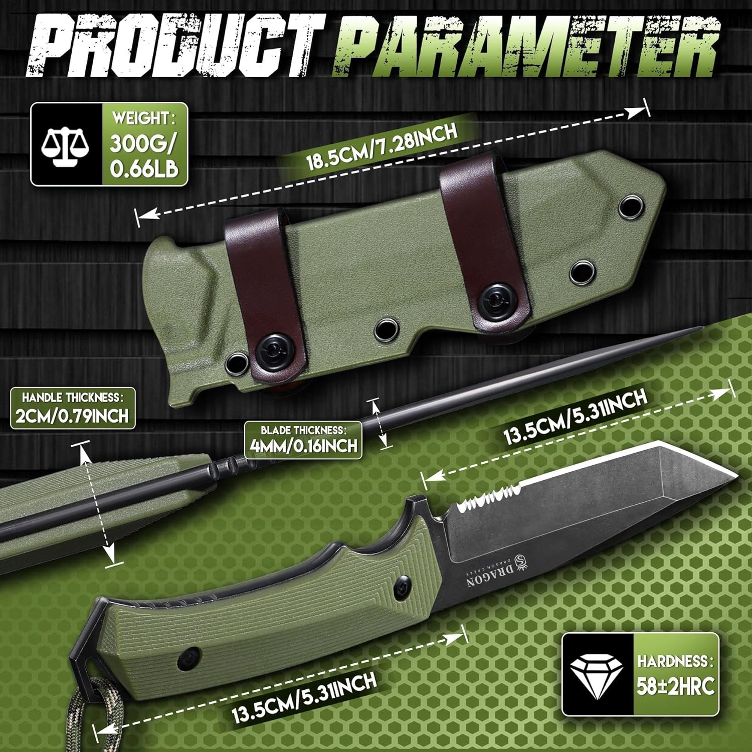 Dragon Creek Fixed Blade Knife - Full Tang Green - Image 7