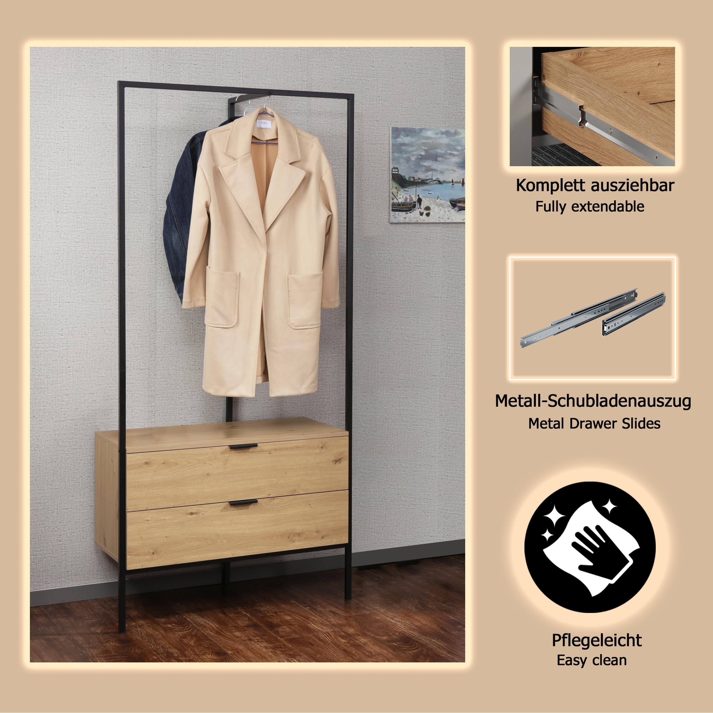 Garderobenständer Jody Artisan Oak , Metallgestell Schwarz · B 85 cm
