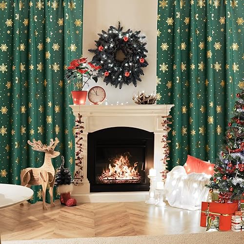 Miniatura 4 de Karseteli Cortinas de Navidad con copos de nieve para sala de estar, cortinas opacas de lujo con estampado de lámina dorada, decoraciones de Navidad