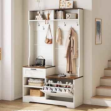 Hall Tree with Bench and Shoe Storage 6-in-1 Versatile, 43.3" x 15.75" x 70.87", MDF Wood, Embossed White Walnut Wood Grain Finish, for Entryway, Bedroom, or Garage