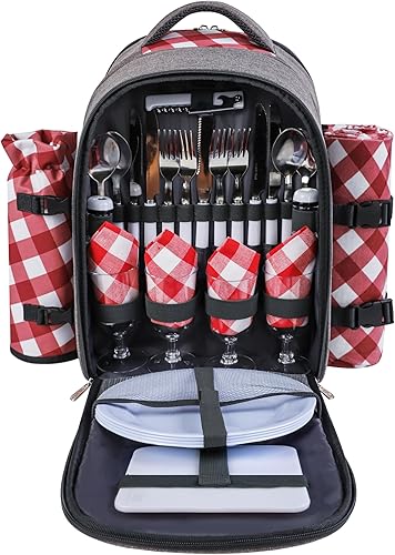 Miniatura 45 de apollo walker Mochila de picnic para 2 personas con compartimento refrigerador, soporte desmontable para botellas/vino, manta de vellón, platos