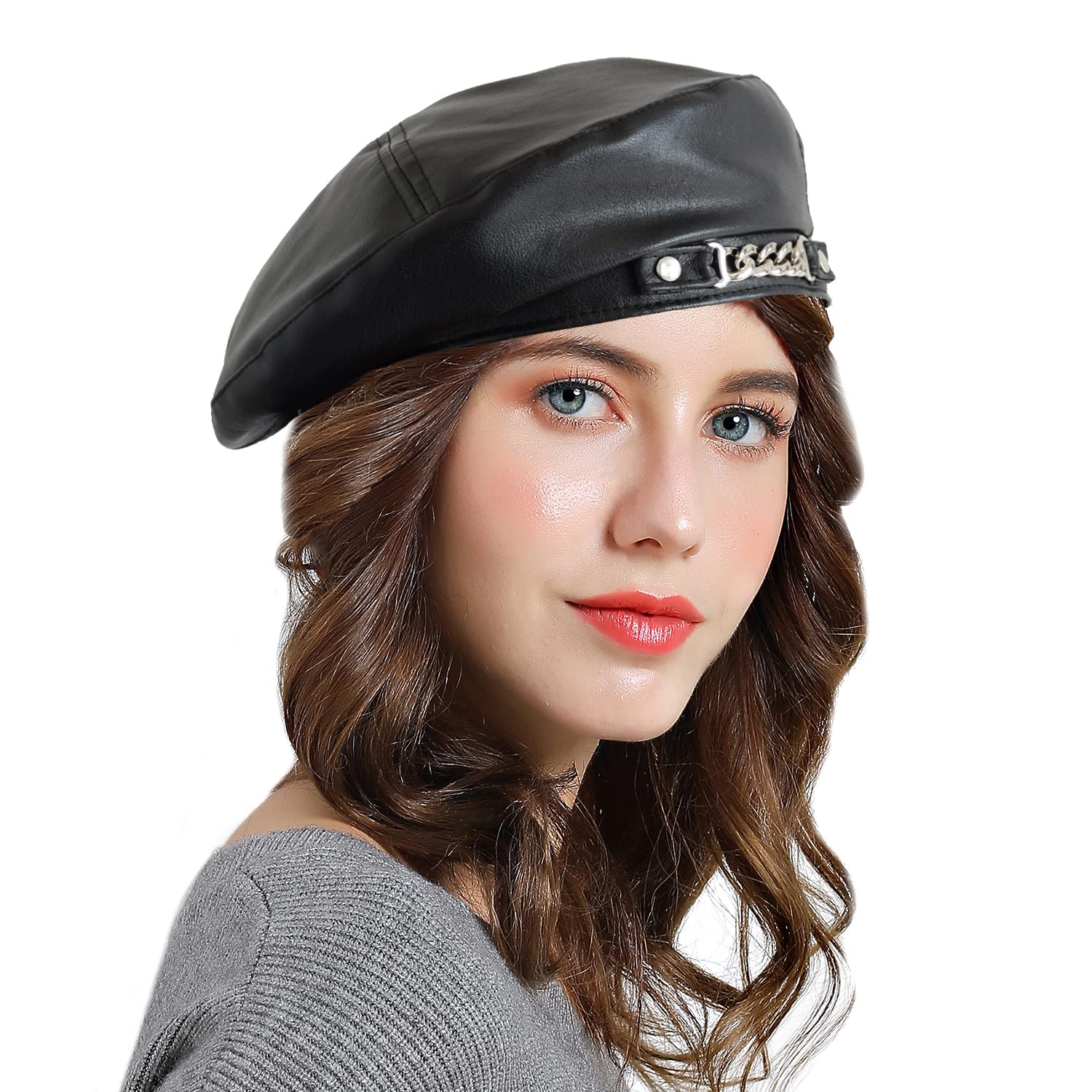4127 Pu Leather Berets For Women Lady Girl Hat French Style Beanies AICHUAN PU Leather Beret Hat for Women, French Artist Hat  main image 2