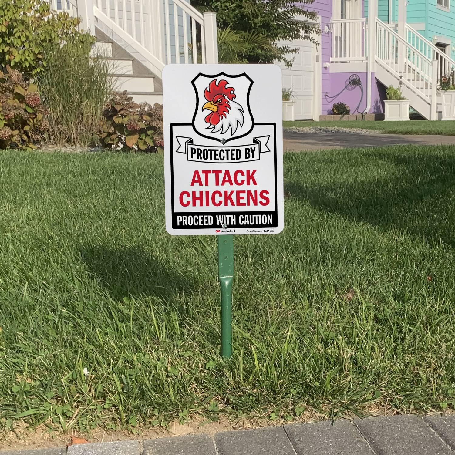 SmartSign 10 x 7 inch “Protected By Attack Chickens - Proceed With Caution” Yard Sign with 18 inch Stake, 40 mil Aluminum, Laminated Engineer Grade Reflective, Multicolor