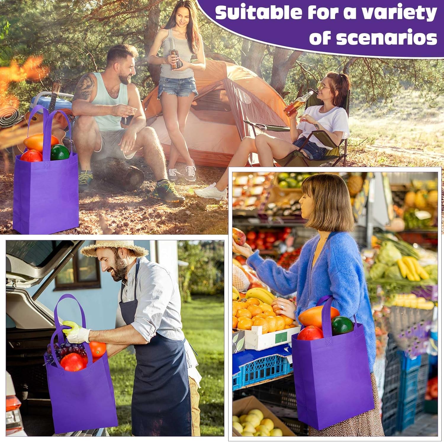 Windyun 100 Pcs Reusable Tote Bag Bulk 8 x 4 x 10 Inch Non Woven Shopping Bag with Handle Christmas Reusable Grocery Gift Tote (Dark Purple)