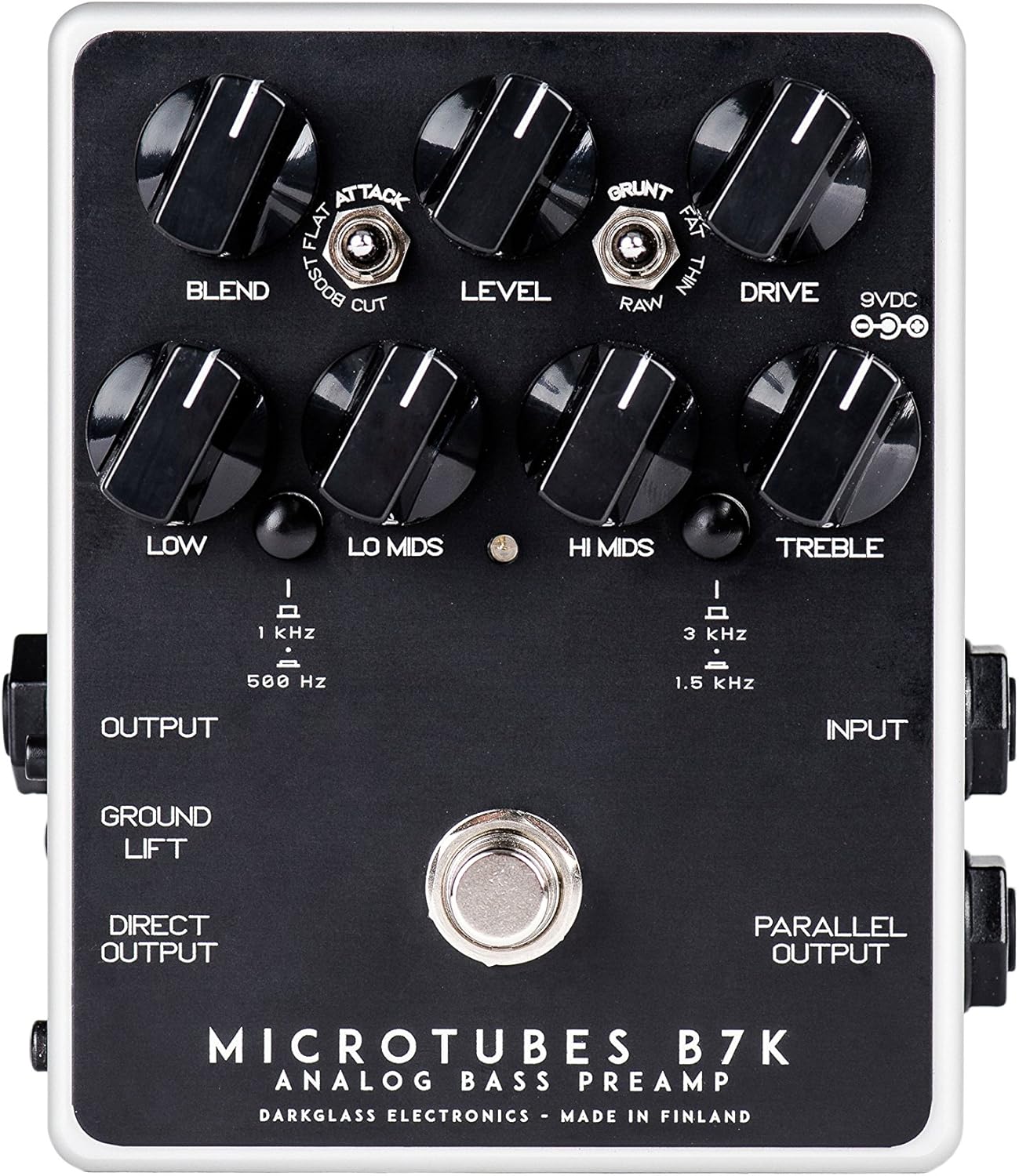 Superiore view of the Darkglass Microtubes B7K V2 pedal showing all control knobs and switches.