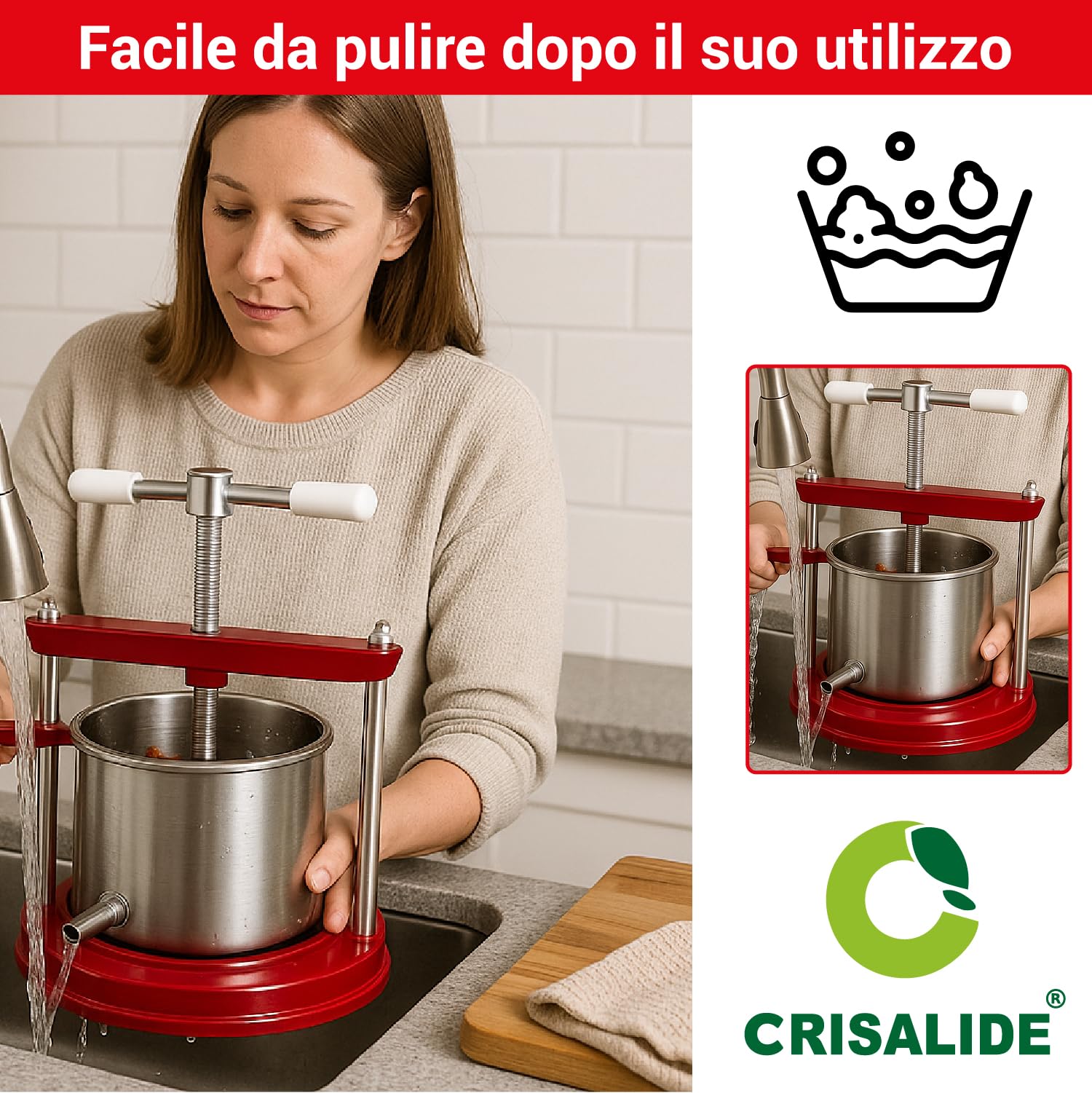 Crisalide® - Torchietto Spremitutto Milleusi Medio, Cestello da 3,5 Litri in Acciaio Inox, Beccuccio Scarico Ø14 mm, Diametro 16 cm