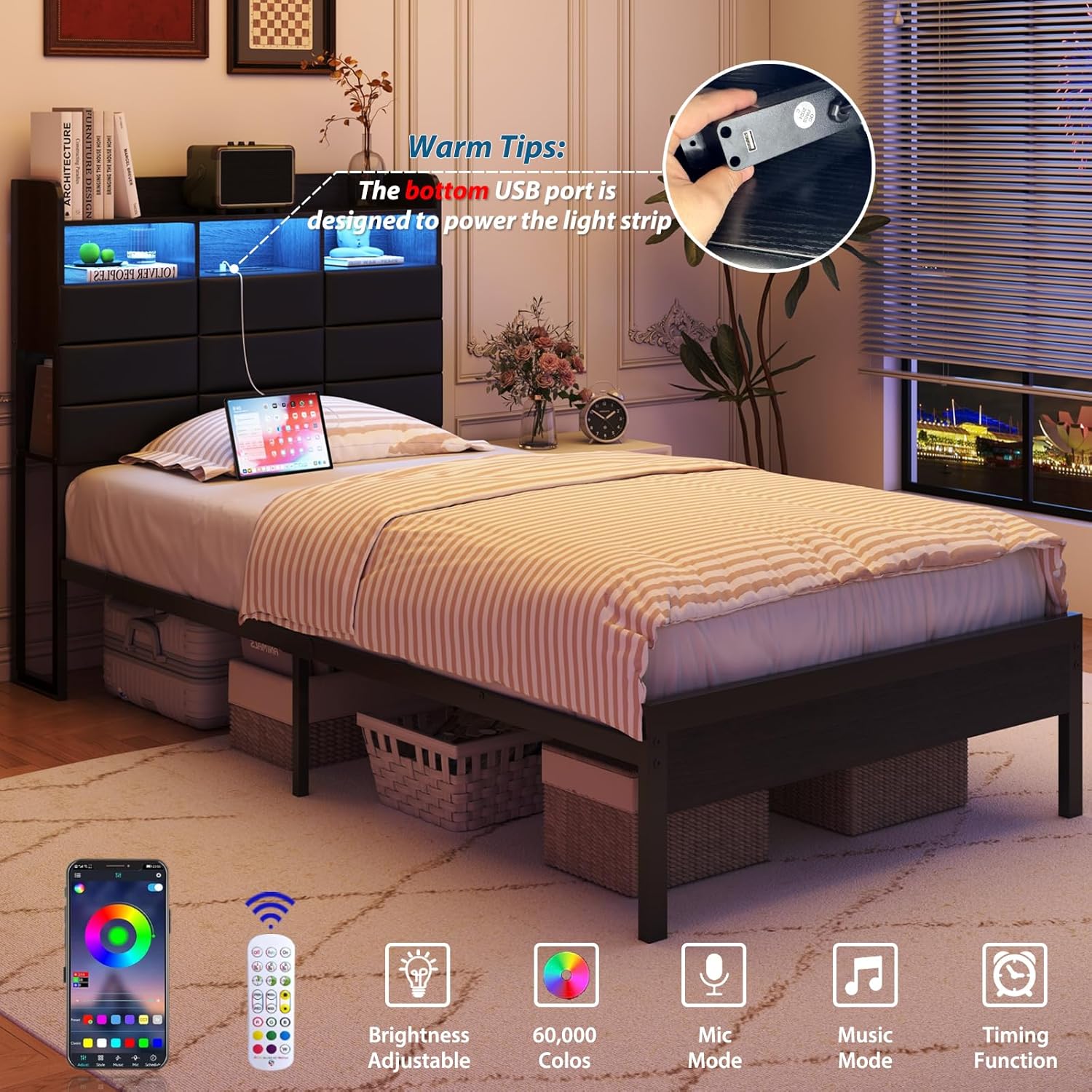 Twin Bed Frame with Storage Headboard and 2 Hidden Drawers, Upholstered Metal Bed Frame with LED Lights, Charging Station, Heavy-Duty Metal Slats Support, Noise-Free, Black