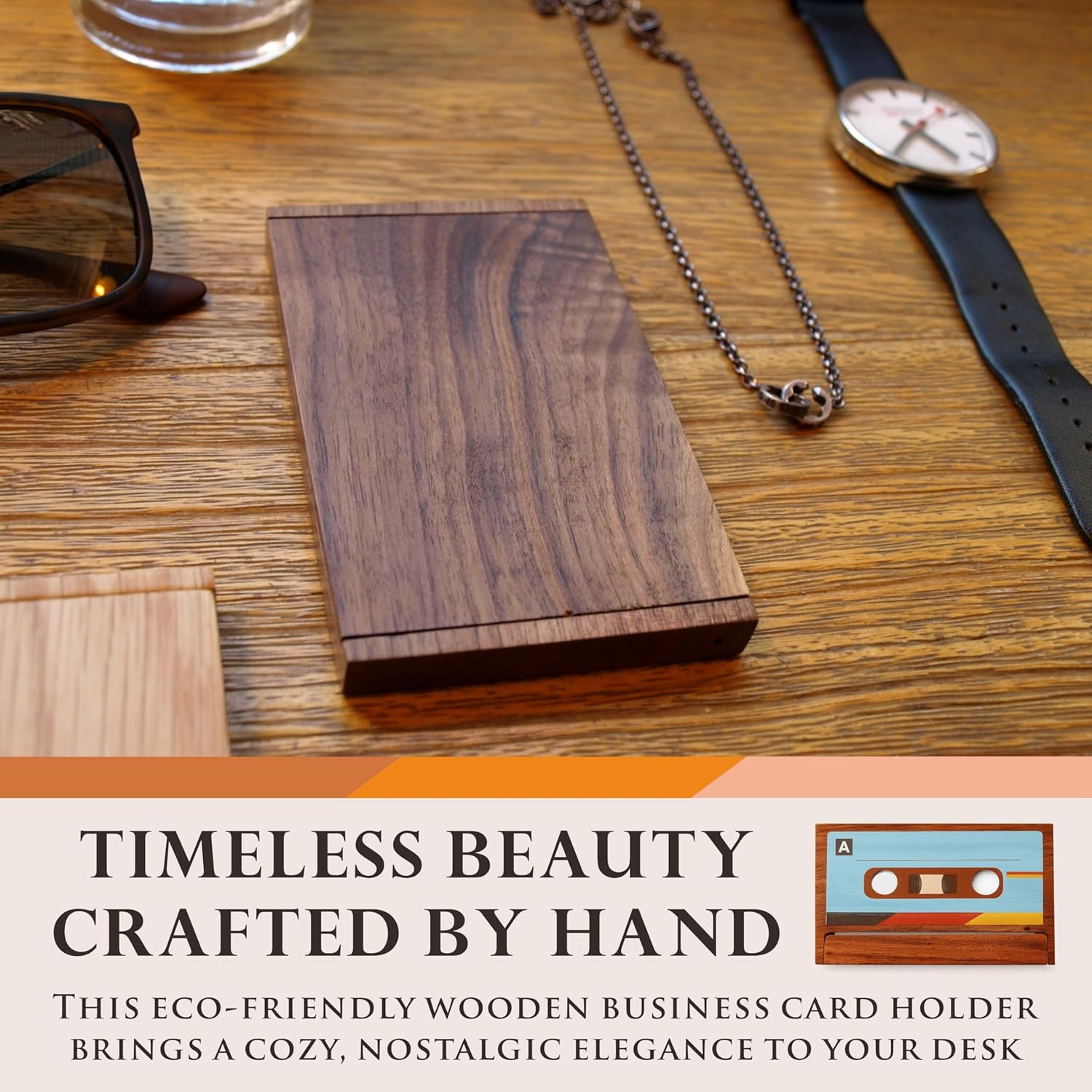UNIC Retro Cassette Tape Business Card Holder – Natural Walnut Wood Vintage Design, Holds 15–20 Business Cards or 3–4 Credit Cards, Nostalgic Desk Display Stand for Music Lovers and Collectors