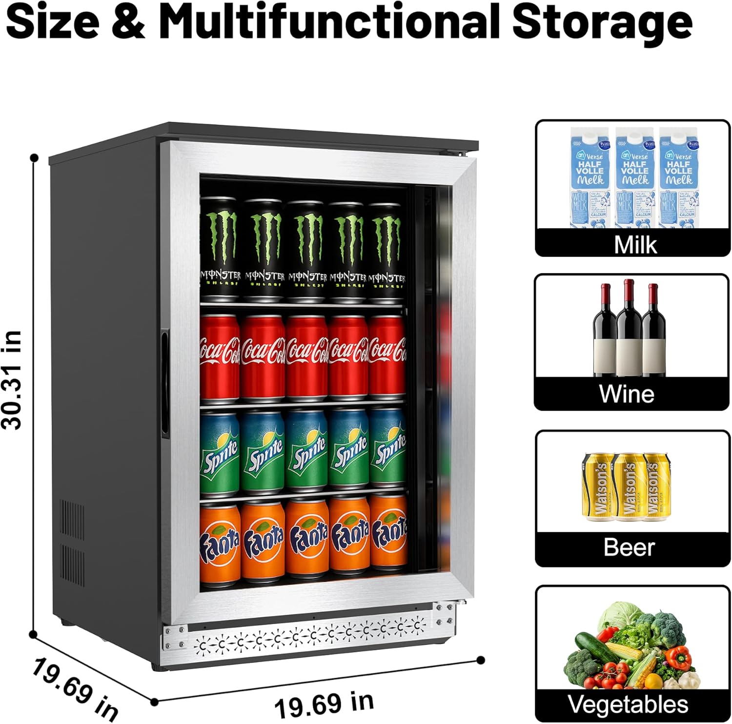 20 Inch Under Counter Beverage Fridge with Glass Door, Beverage Refrigerator Cooler 120 Can,Built in or Freestanding,Fast Cooling,Quiet ≤39 dBs,Blue LED Light Cooler for Bar, Home, Office