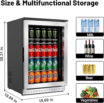 20 Inch Under Counter Beverage Fridge with Glass Door, Beverage Refrigerator Cooler 120 Can,Built in or Freestanding,Fast Cooling,Quiet 39 dBs,Blue LED Light Cooler for Bar, Home, Office