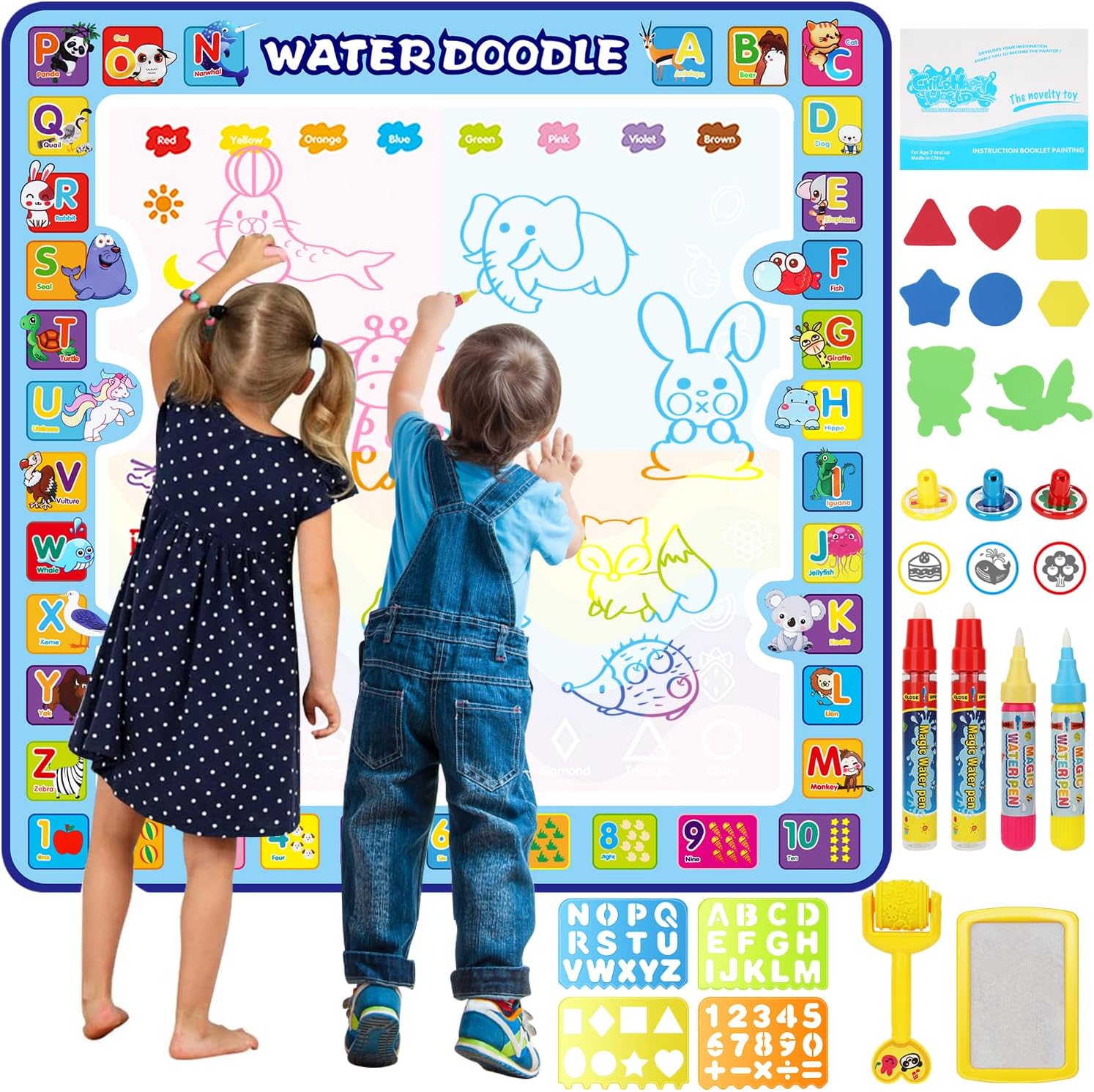 100 X 100 cm Extra Large Aqua Magic Doodle Mat, Colorful Educational Water Drawing Doodling Mat Coloring Mat for Kids Toddlers Boys Girls Age of 3 4 5 6 7 8