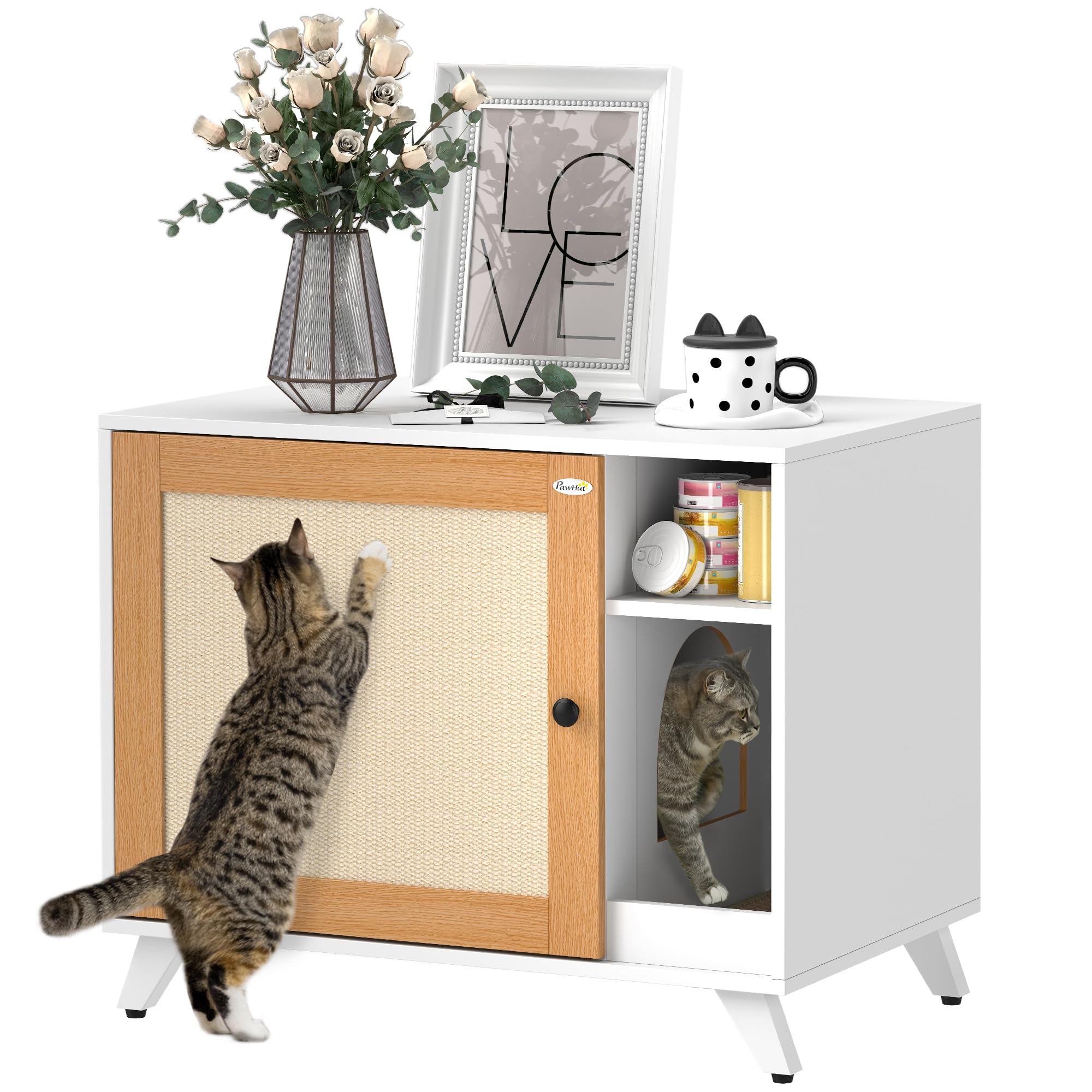 PawHut Mueble Arenero para Gatos Caja de Arena con Puerta con Almohadilla para Rascar y Compartimento Arenero para Gatos para Salón Dormitorio 77x50x63 cm Blanco