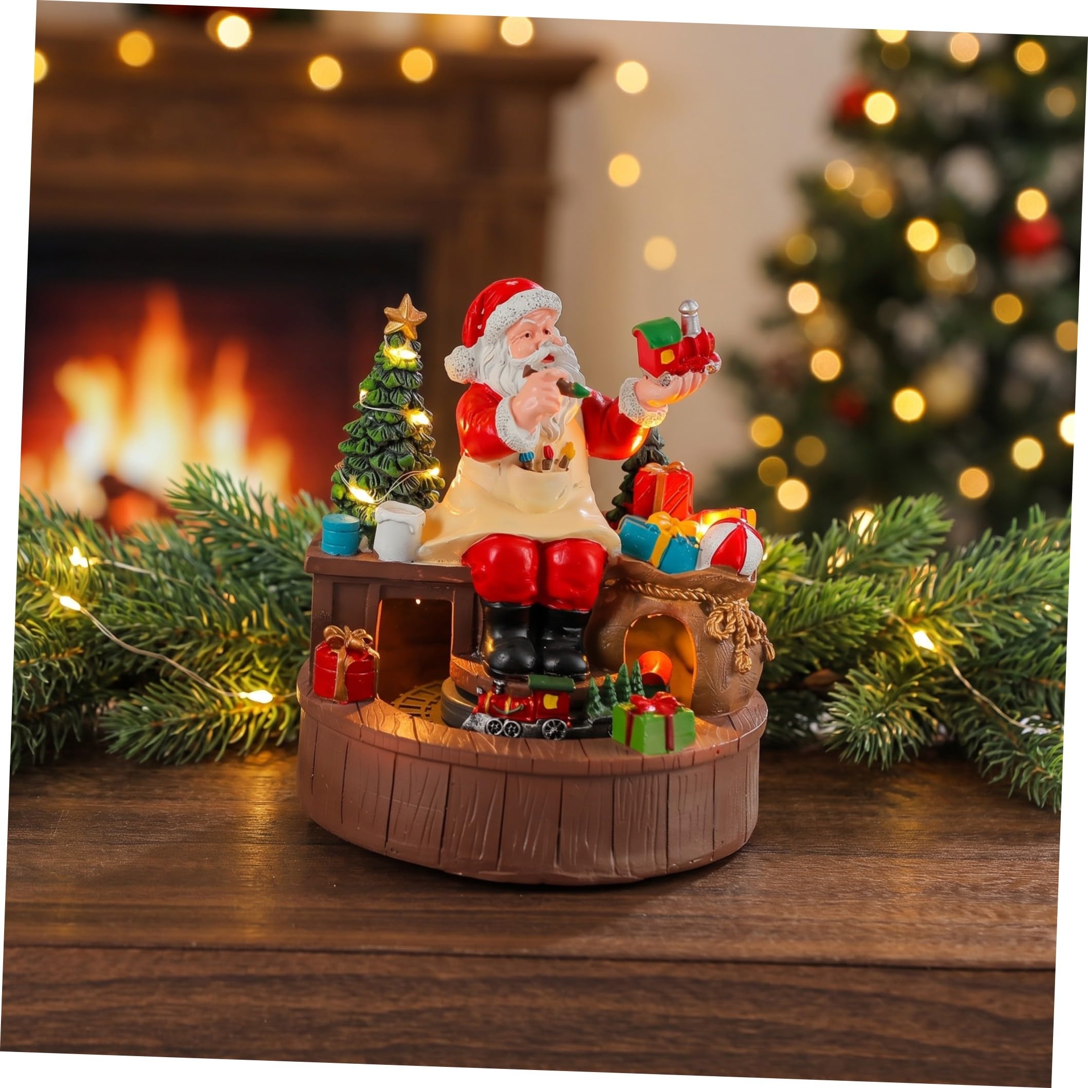 Caja Musical de Papá Noel de Resina con Luces LED y Tren Giratorio