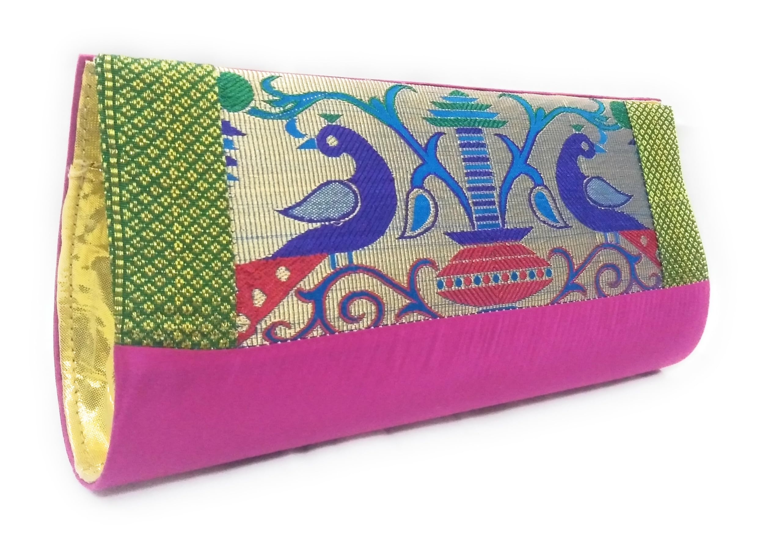 add gear Paithani Clutch Purse with Chain Sling - Ethnic & Traditional Woven from Semi Paithani Silk - Boat shaped Magnetic snap Box Purse (26 x 13 x 6 cm) (Magenta)-picture-44