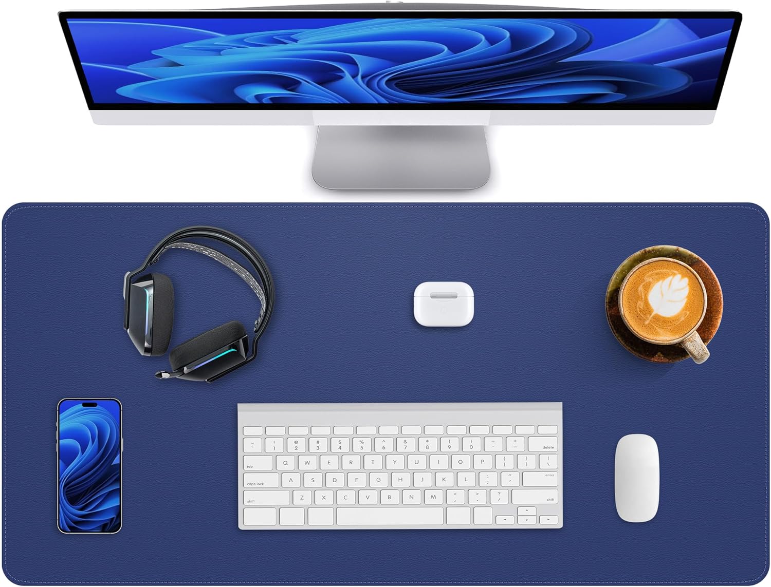 Desk Pad Mat 23.6"x13.7" - Waterproof Mouse Pad & Desk Protector, Non-Slip PU Leather for Gaming Keyboard/Mouse, Stitched Edge XL Office Desk Pad with Ergonomic Support(Blue) Blue 24" x 14"