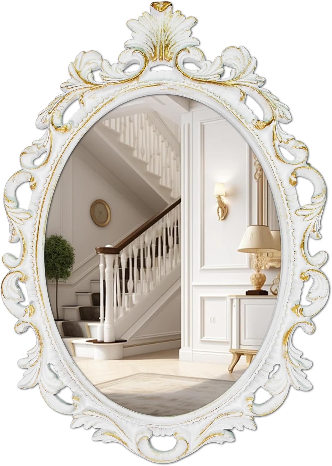 SIMON’S SHOP Espejo de pared vintage en blanco con detalles dorados, espejo ovalado antiguo con marco de desplazamiento para entradas, sala de